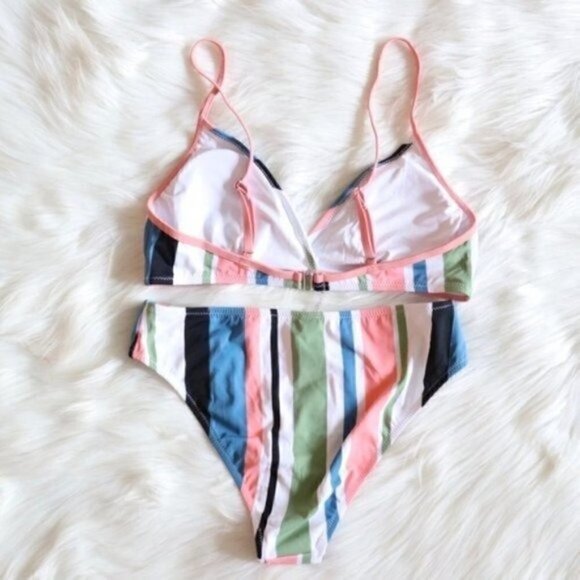 NWT Pink Blue White Bikini Set Size Small Stripe Print Bathing Suit - Picture 3 of 9